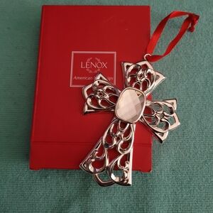 Lenox Silver Filigree Cross Ornament with Red Ribbon